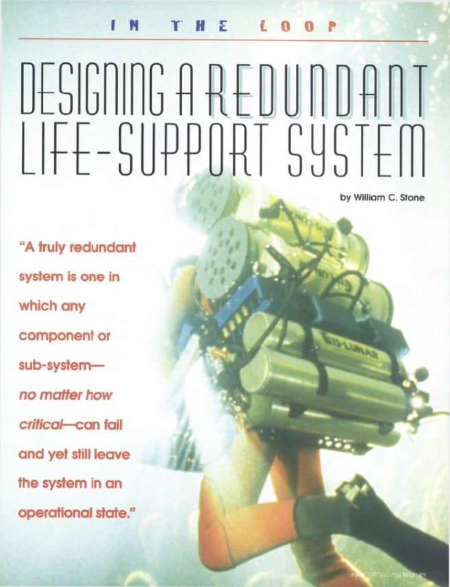 Magazine article by William C. Stone on designing a redundant life-support system, showing a diver wearing the Cis-Lunar rebreather