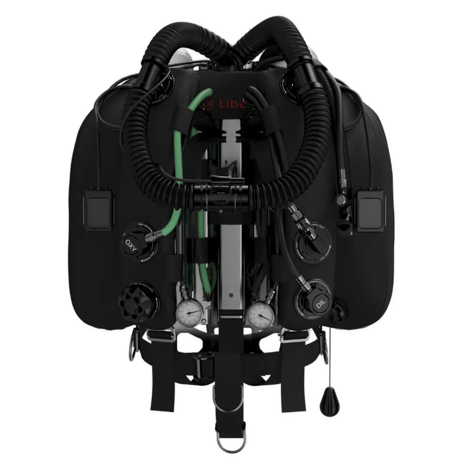 Rear studio view of the backmount Liberty showing the breathing hoses, counterlungs, oxygen and diluent valves and pressure gauges
