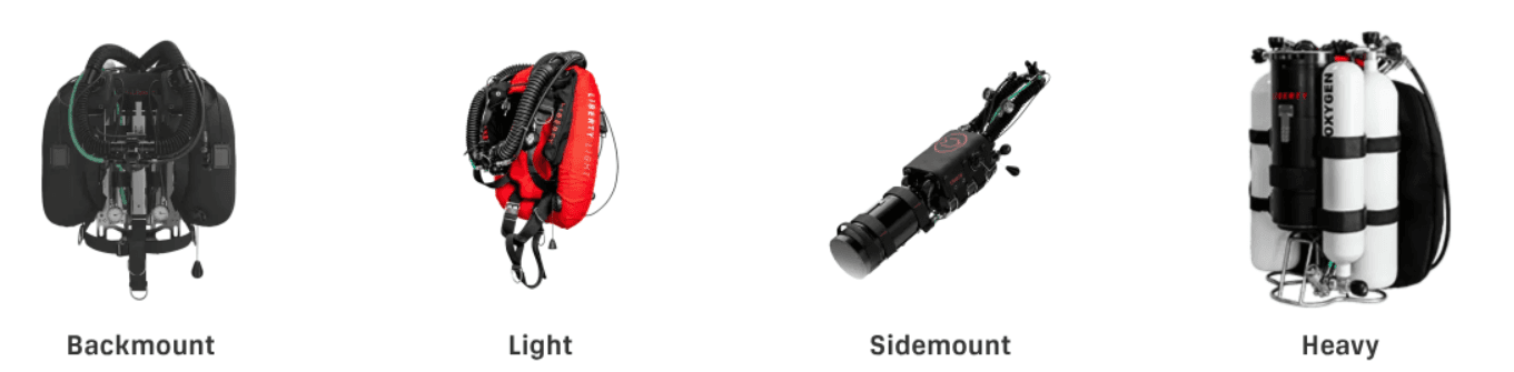 The four Liberty configurations side by side: backmount, light, sidemount and heavy