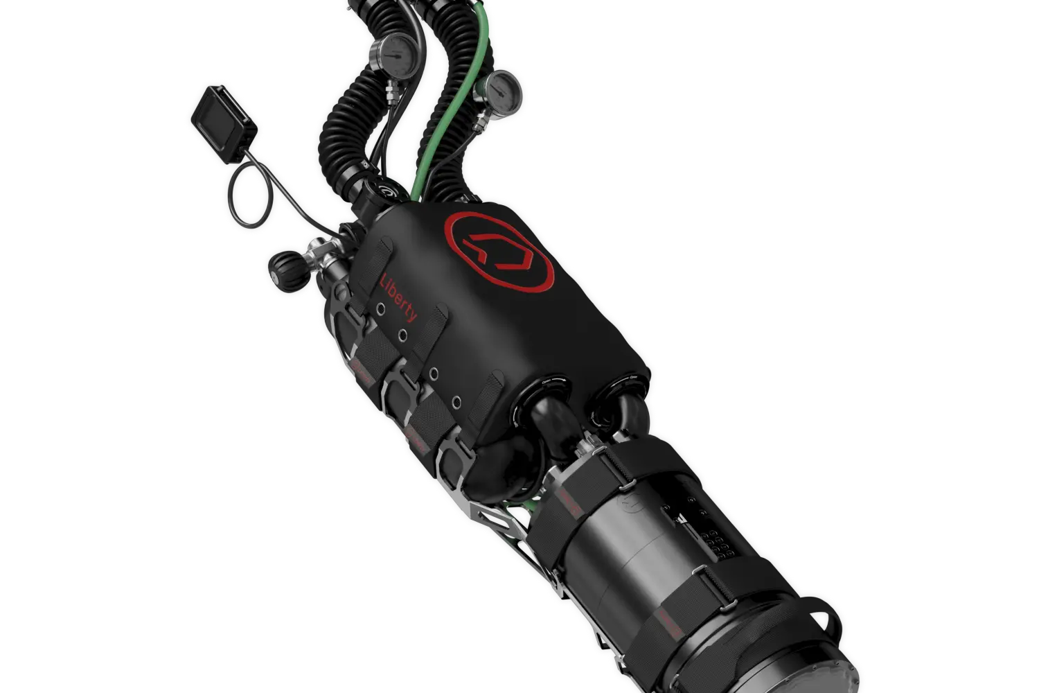 Studio view of the sidemount Liberty unit: head, counterlungs and scrubber arranged along the side