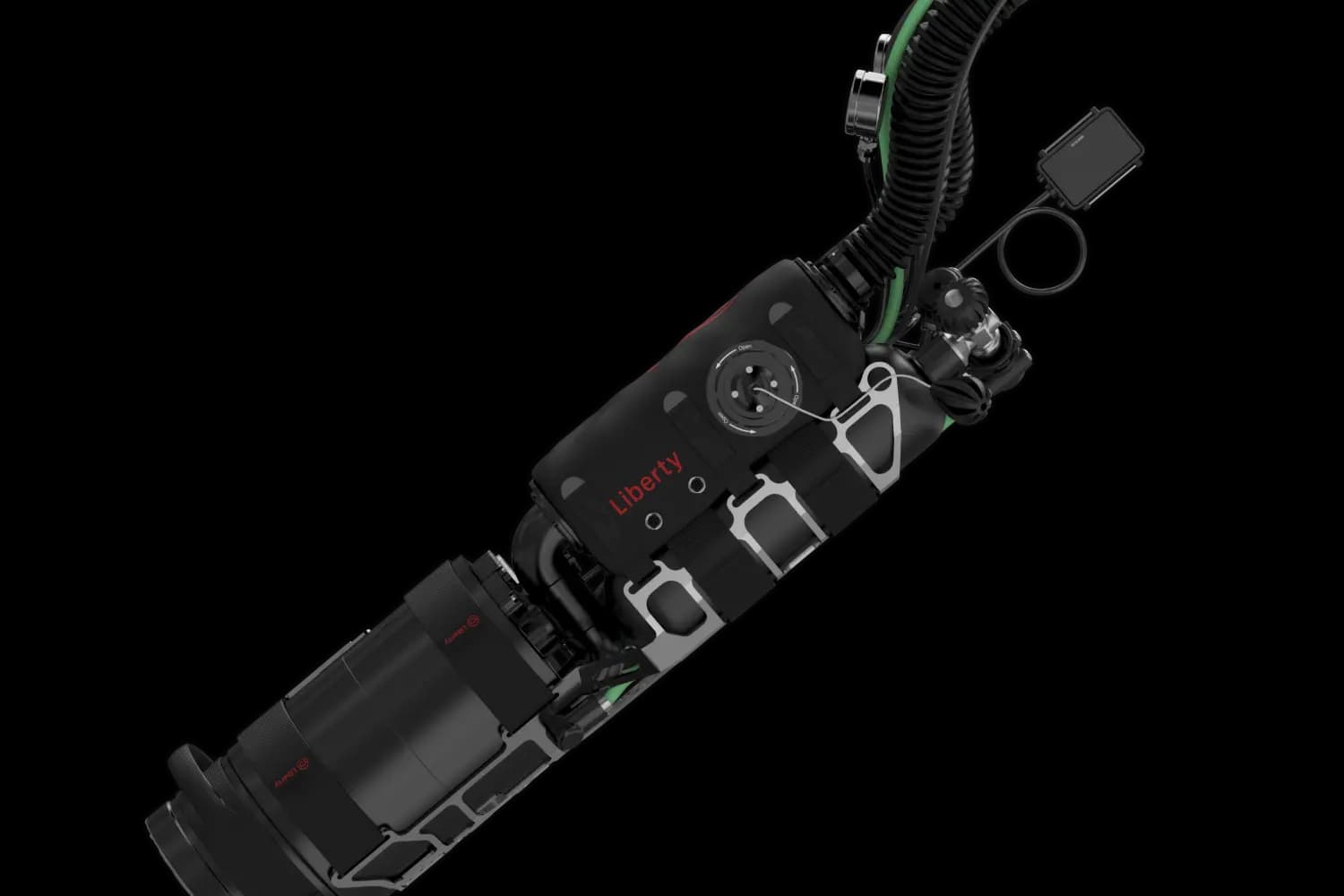 Top view of the sidemount Liberty showing the open/closed valve and handset routing