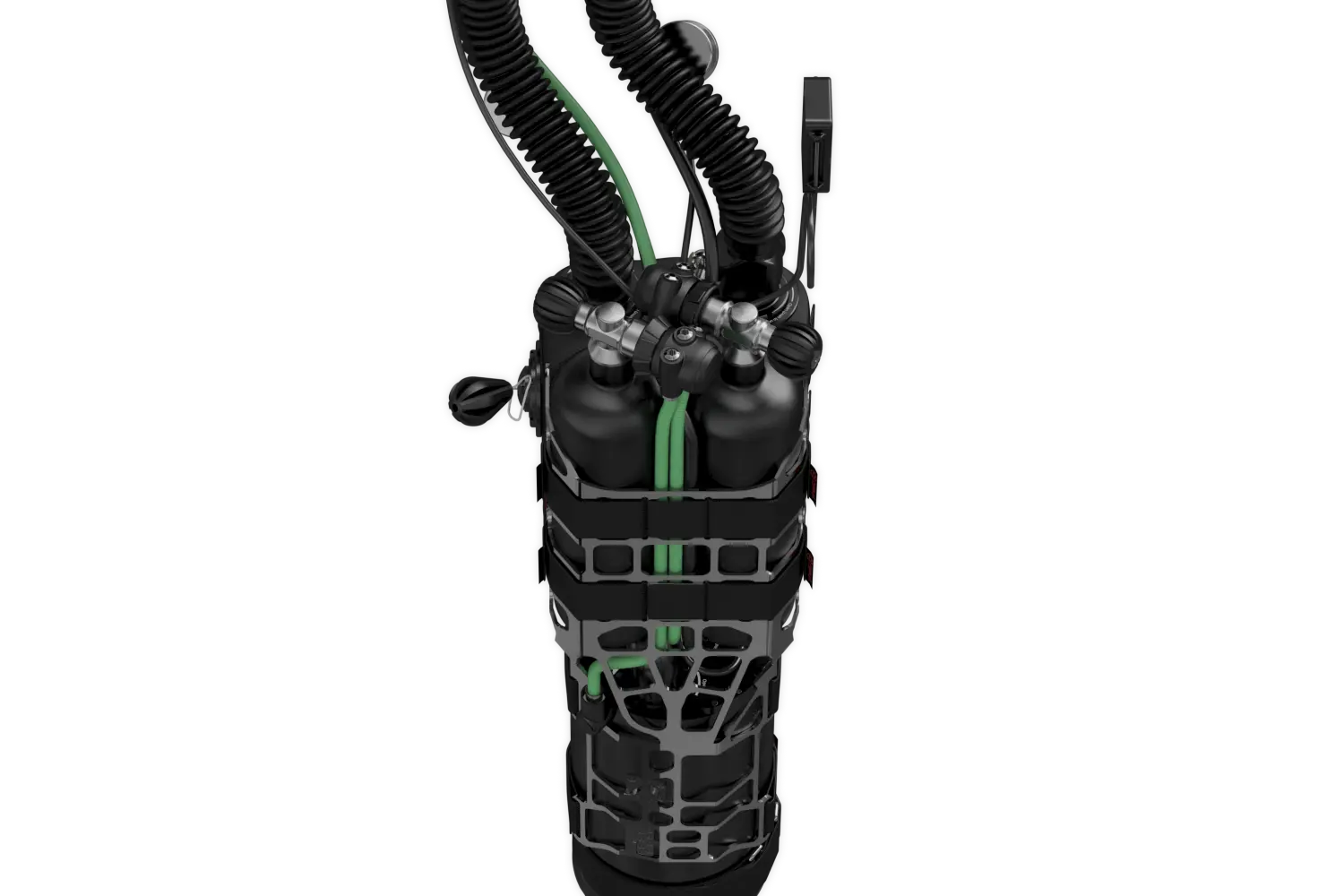 Front view of the sidemount Liberty showing the twin counterlungs and the protective frame