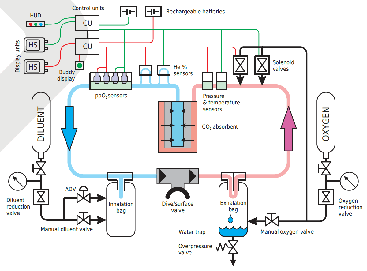 Functional schematic of the Liberty loop: diluent and oxygen cylinders, ppO2 and helium sensors, CO2 absorbent, solenoid valves, control units and counterlungs